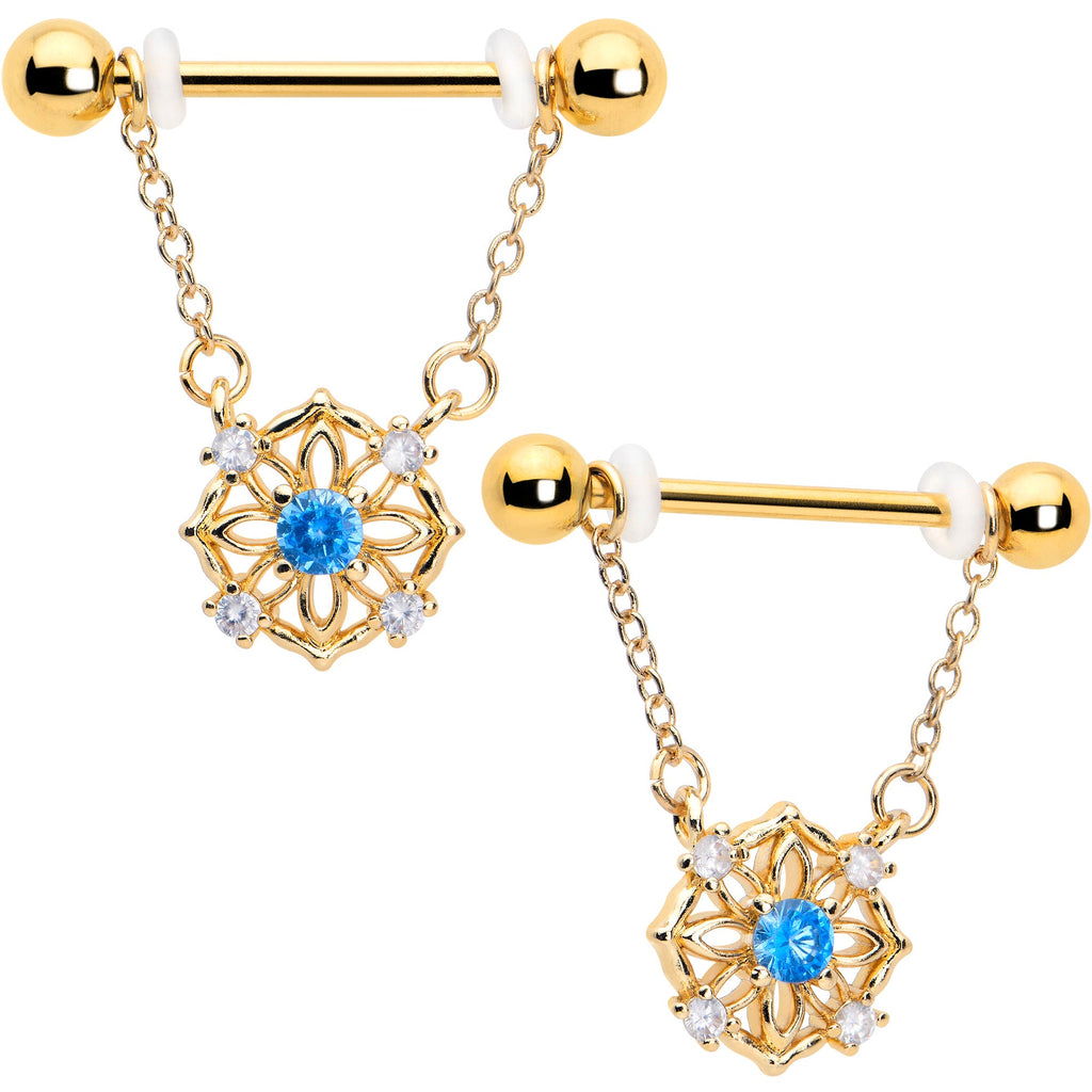 BodyCandy 14G 9/16 Blue CZ Gem Gold Tone Flower Ring Dangle Nipple Ring Set — main product shot