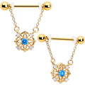 BodyCandy 14G 9/16 Blue CZ Gem Gold Tone Flower Ring Dangle Nipple Ring Set — main product shot
