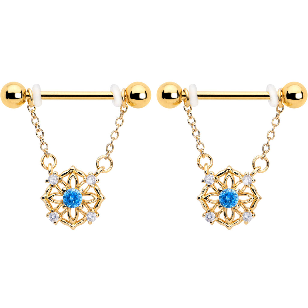 BodyCandy 14G 9/16 Blue CZ Gem Gold Tone Flower Ring Dangle Nipple Ring Set — detail close-up