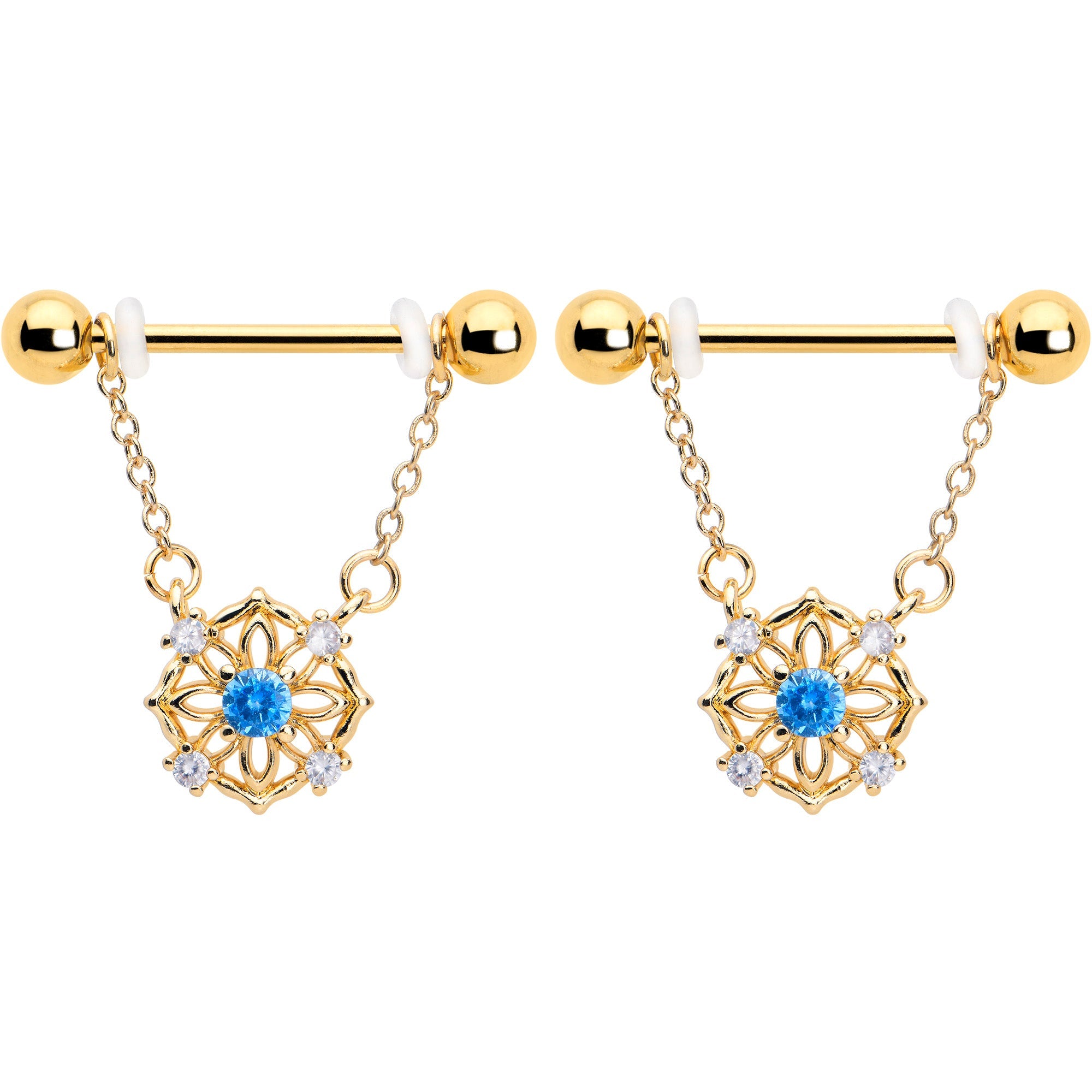 BodyCandy 14G 9/16 Blue CZ Gem Gold Tone Flower Ring Dangle Nipple Ring Set — detail close-up