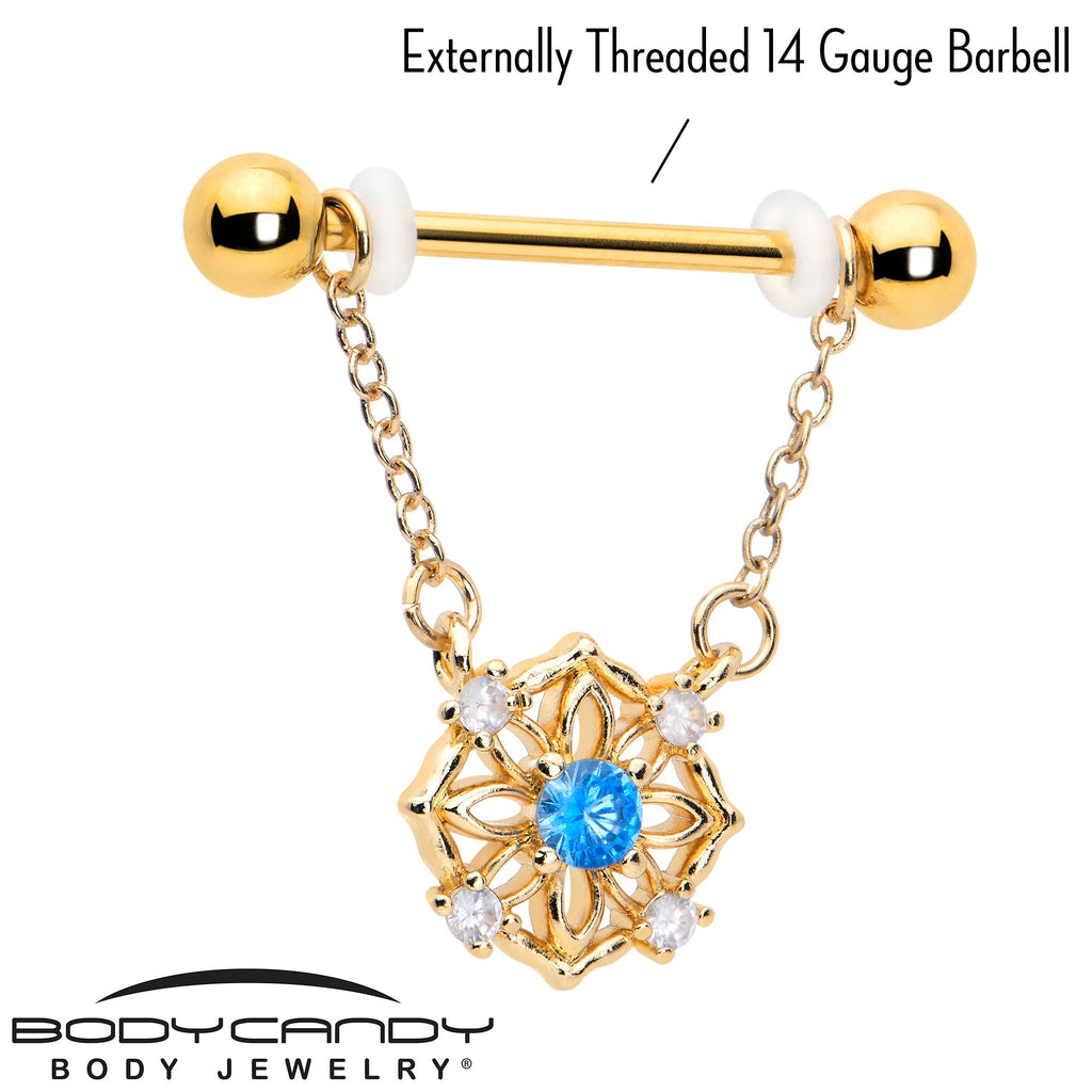 BodyCandy 14G 9/16 Blue CZ Gem Gold Tone Flower Ring Dangle Nipple Ring Set — lifestyle context