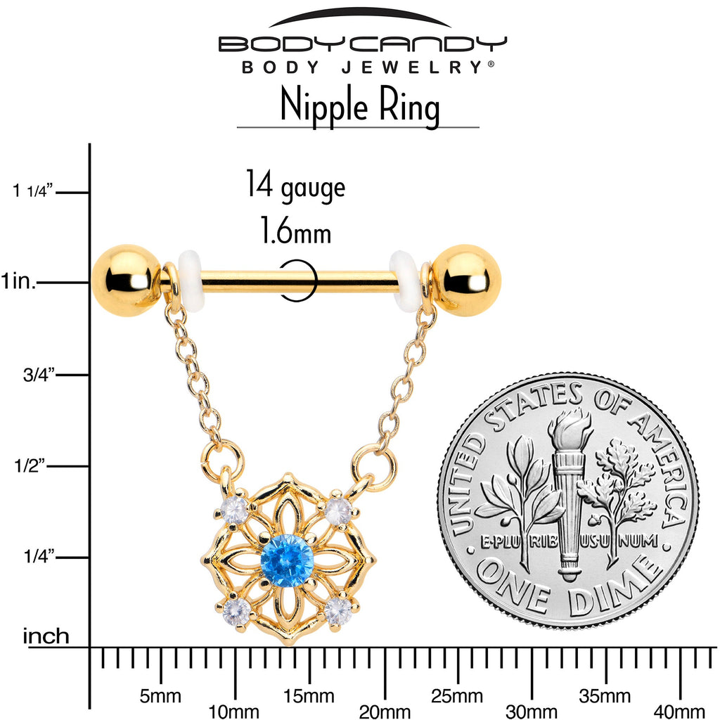 BodyCandy 14G 9/16 Blue CZ Gem Gold Tone Flower Ring Dangle Nipple Ring Set — side view