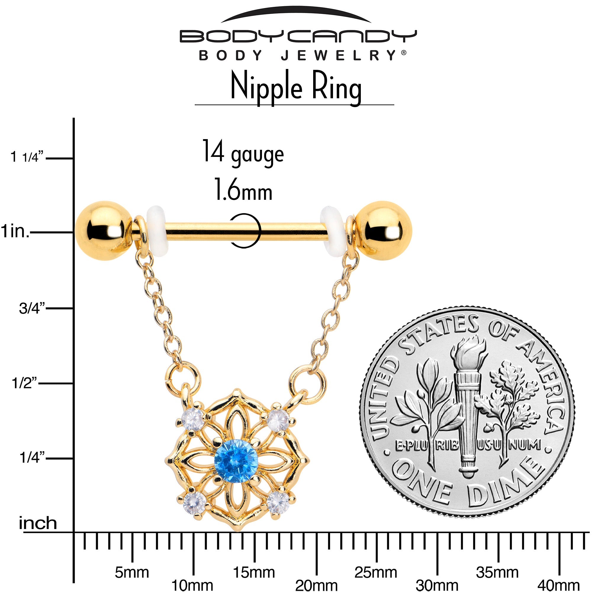 BodyCandy 14G 9/16 Blue CZ Gem Gold Tone Flower Ring Dangle Nipple Ring Set — side view