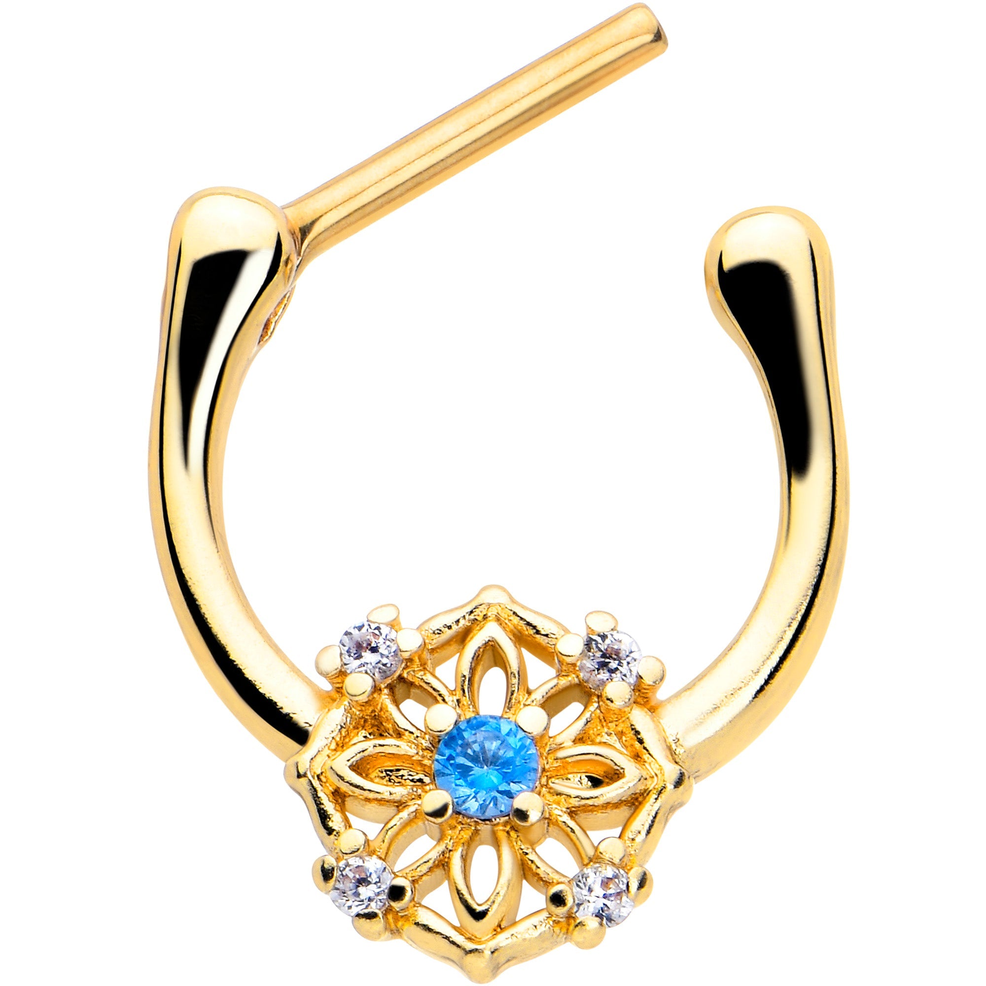 BodyCandy 16G 5/16 Blue CZ Gem Gold Tone Flower Ring Cartilage Clicker — detail close-up