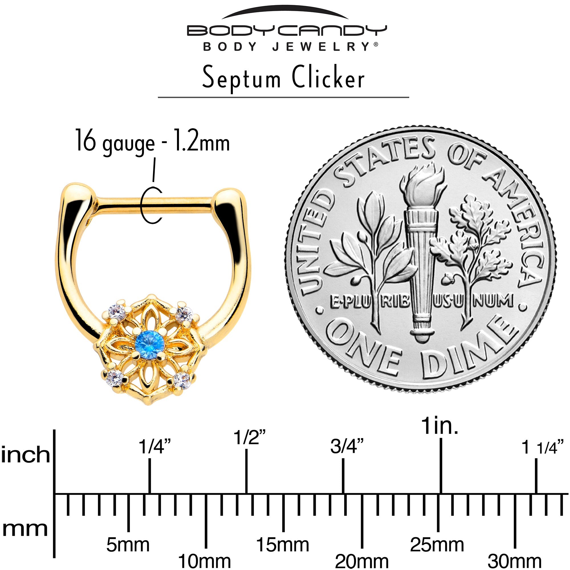 BodyCandy 16G 5/16 Blue CZ Gem Gold Tone Flower Ring Cartilage Clicker — side view