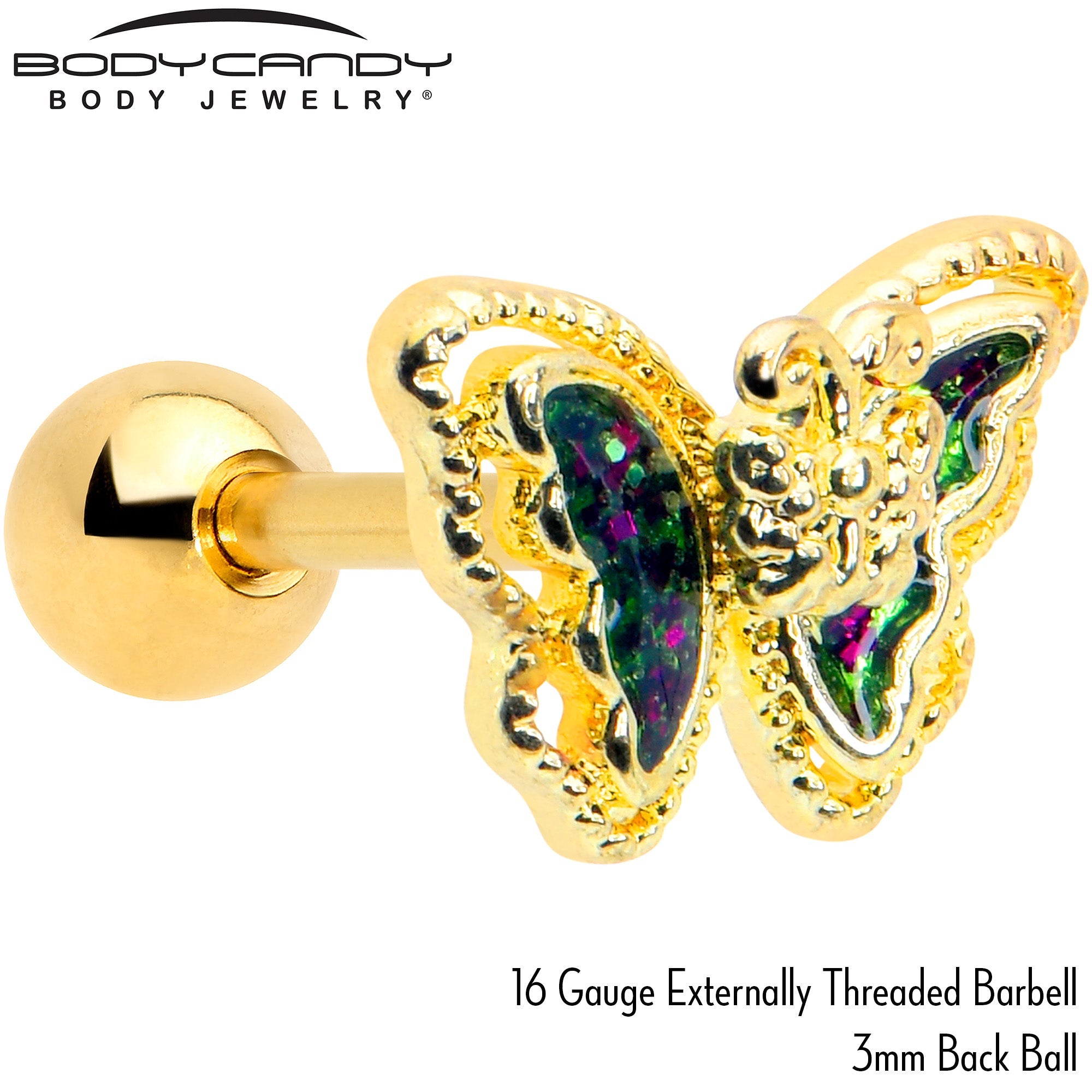 BodyCandy 16G 1/4 Vitrail Gem Gold Tone Classic Butterfly Cartilage Earring — side view