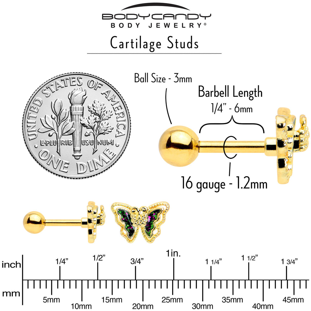 BodyCandy 16G 1/4 Vitrail Gem Gold Tone Classic Butterfly Cartilage Earring — back view