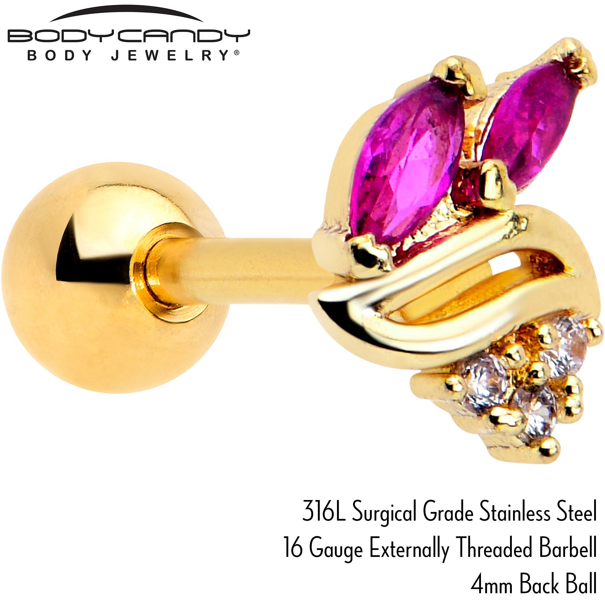 BodyCandy 16G 1/4 Red CZ Gem Gold Tone Swirl Fan Cartilage Tragus Earring — side view