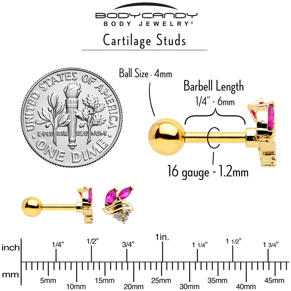 BodyCandy 16G 1/4 Red CZ Gem Gold Tone Swirl Fan Cartilage Tragus Earring — back view
