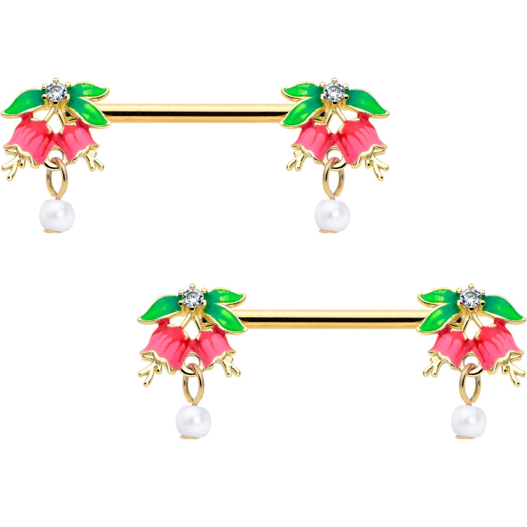 BodyCandy 14G 9/16 Clear CZ Gem Gold Hue Bell Flower Barbell Nipple Ring Set — main product shot