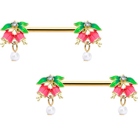 14G 9/16 Clear CZ Gem Gold Hue Bell Flower Barbell Nipple Ring Set