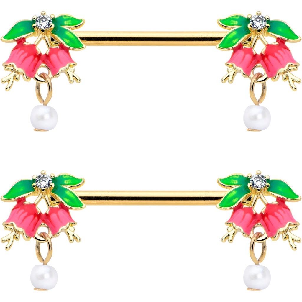 BodyCandy 14G 9/16 Clear CZ Gem Gold Hue Bell Flower Barbell Nipple Ring Set — detail close-up