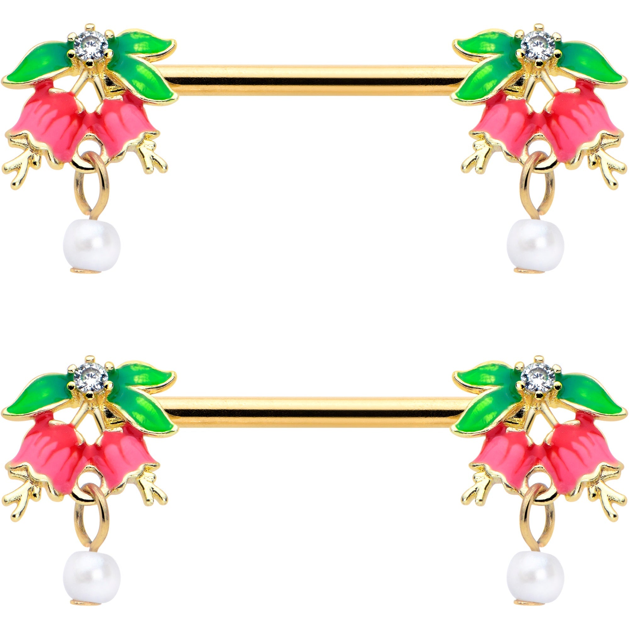 BodyCandy 14G 9/16 Clear CZ Gem Gold Hue Bell Flower Barbell Nipple Ring Set — detail close-up