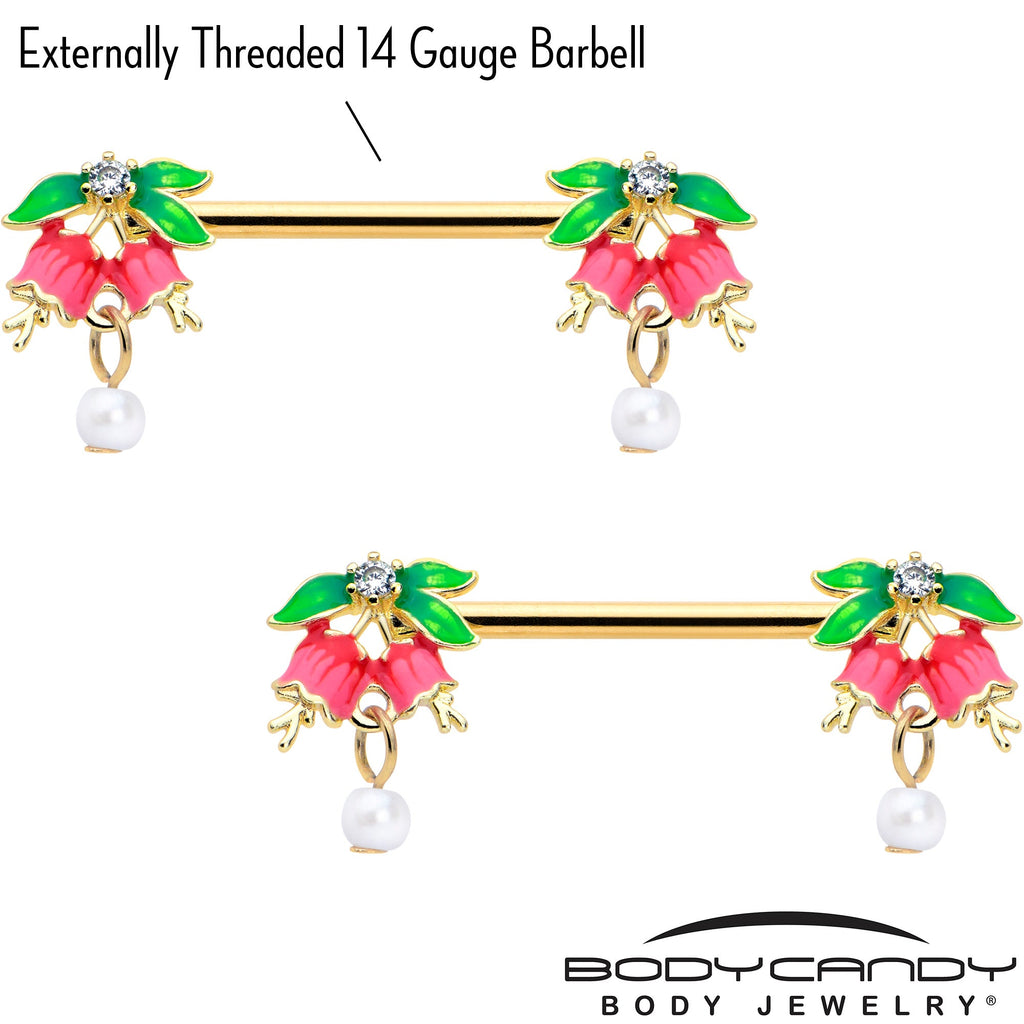 BodyCandy 14G 9/16 Clear CZ Gem Gold Hue Bell Flower Barbell Nipple Ring Set — lifestyle context