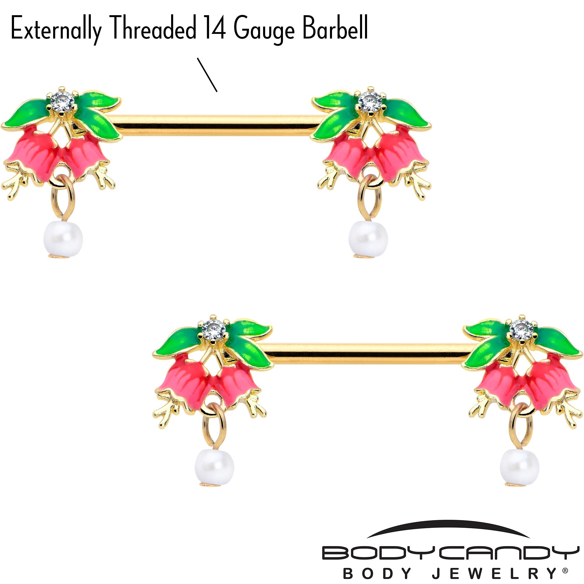 BodyCandy 14G 9/16 Clear CZ Gem Gold Hue Bell Flower Barbell Nipple Ring Set — lifestyle context