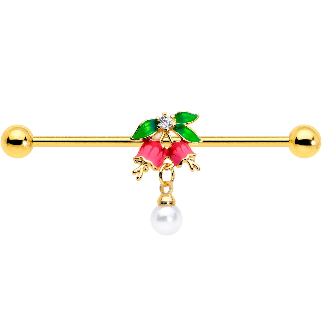 BodyCandy 14G Clear CZ Gem Gold Tone Bell Flower Industrial Barbell 38mm — detail close-up