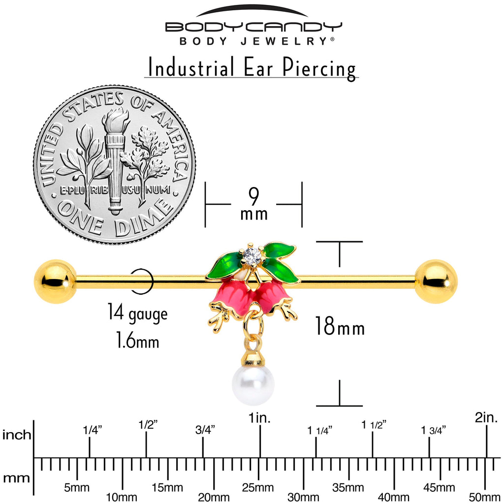 BodyCandy 14G Clear CZ Gem Gold Tone Bell Flower Industrial Barbell 38mm — side view