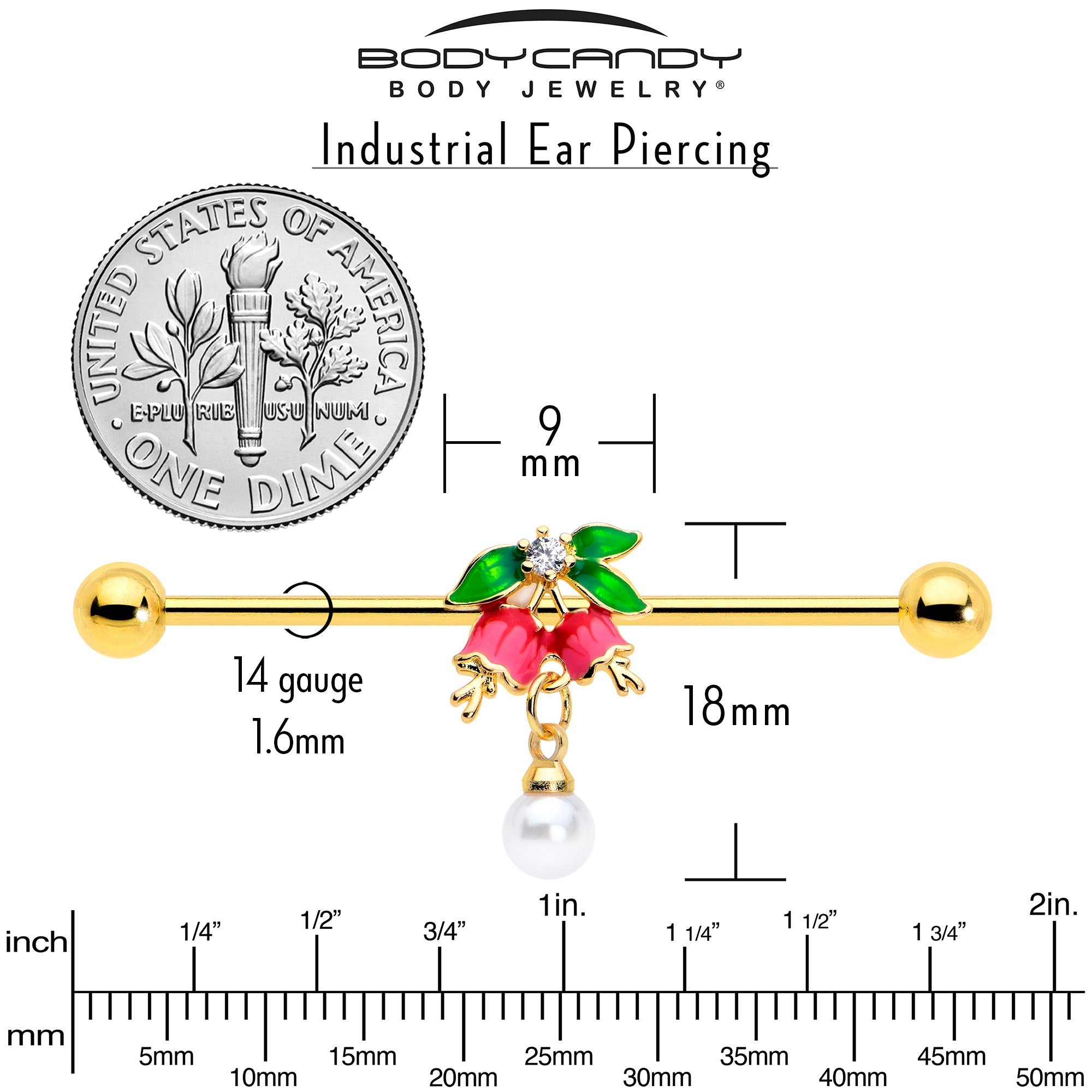 BodyCandy 14G Clear CZ Gem Gold Tone Bell Flower Industrial Barbell 38mm — side view