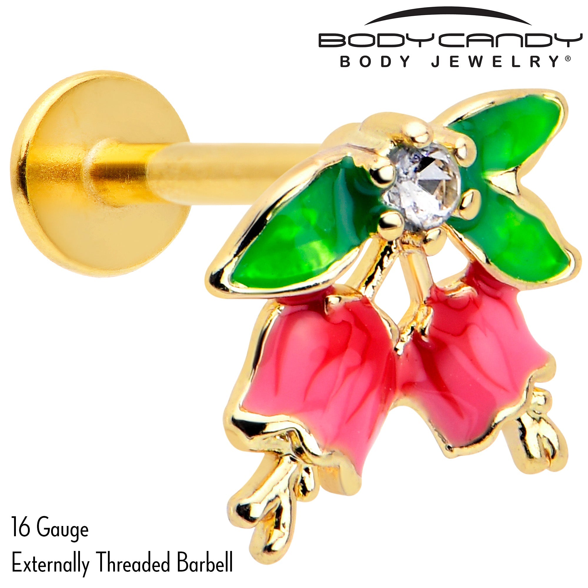 BodyCandy 16G 5/16 Clear CZ Gem Gold Tone Bell Flower Labret Monroe Tragus — side view