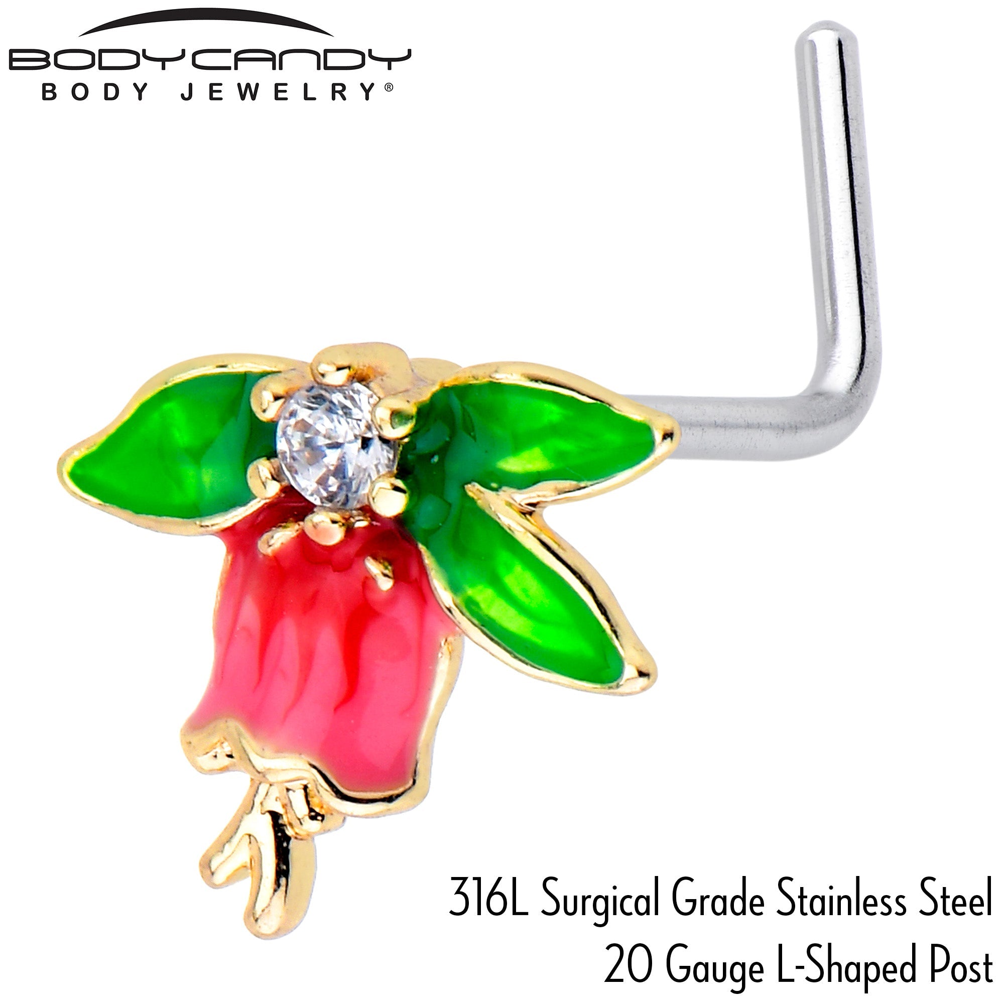 BodyCandy 20G 7mm Clear CZ Gem Bell Flower L Shape Nose Ring — side view