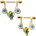 BodyCandy 14G 9/16 Yellow Gem Gold Tone Butterfly Colors Dangle Nipple Ring Set — main product shot