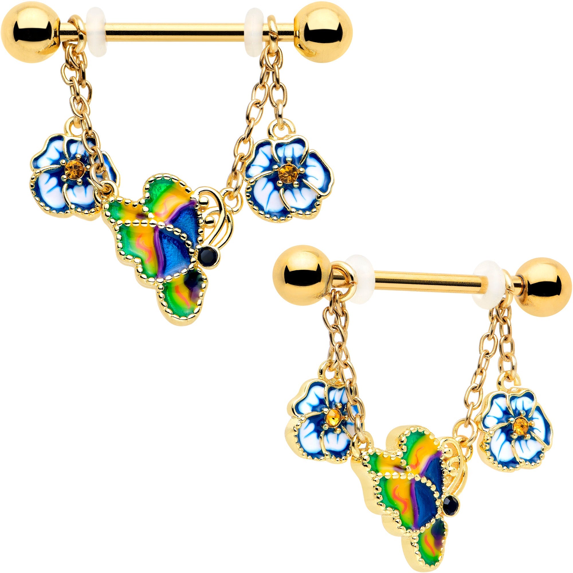 BodyCandy 14G 9/16 Yellow Gem Gold Tone Butterfly Colors Dangle Nipple Ring Set — main product shot
