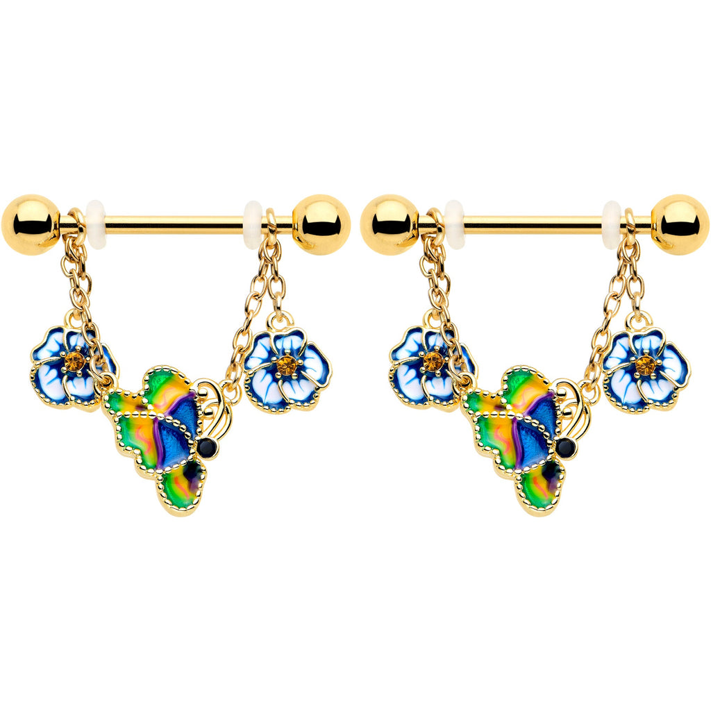 BodyCandy 14G 9/16 Yellow Gem Gold Tone Butterfly Colors Dangle Nipple Ring Set — detail close-up