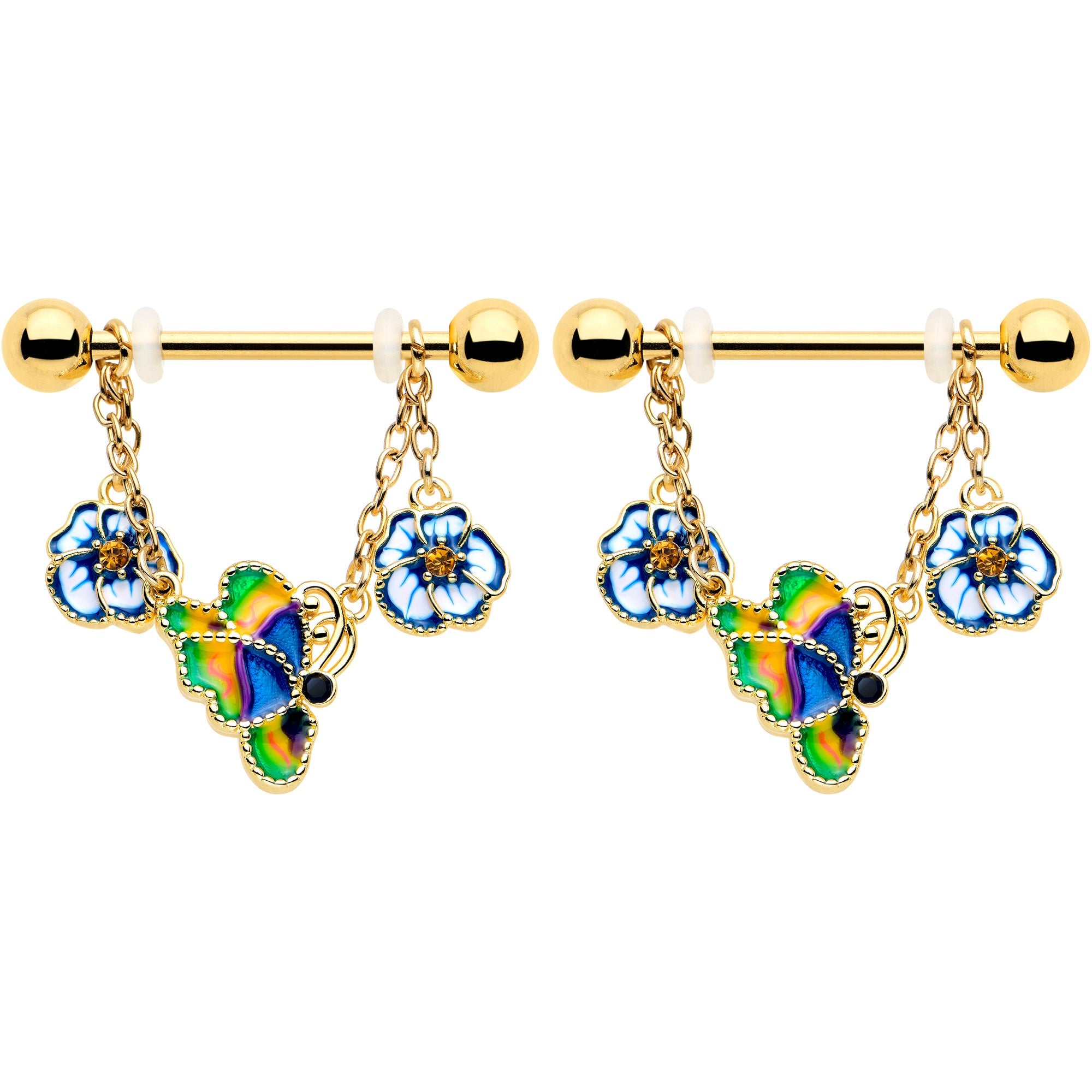 BodyCandy 14G 9/16 Yellow Gem Gold Tone Butterfly Colors Dangle Nipple Ring Set — detail close-up