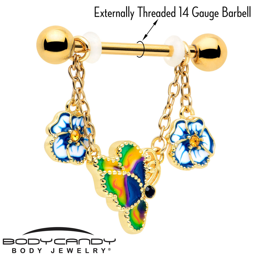 BodyCandy 14G 9/16 Yellow Gem Gold Tone Butterfly Colors Dangle Nipple Ring Set — lifestyle context