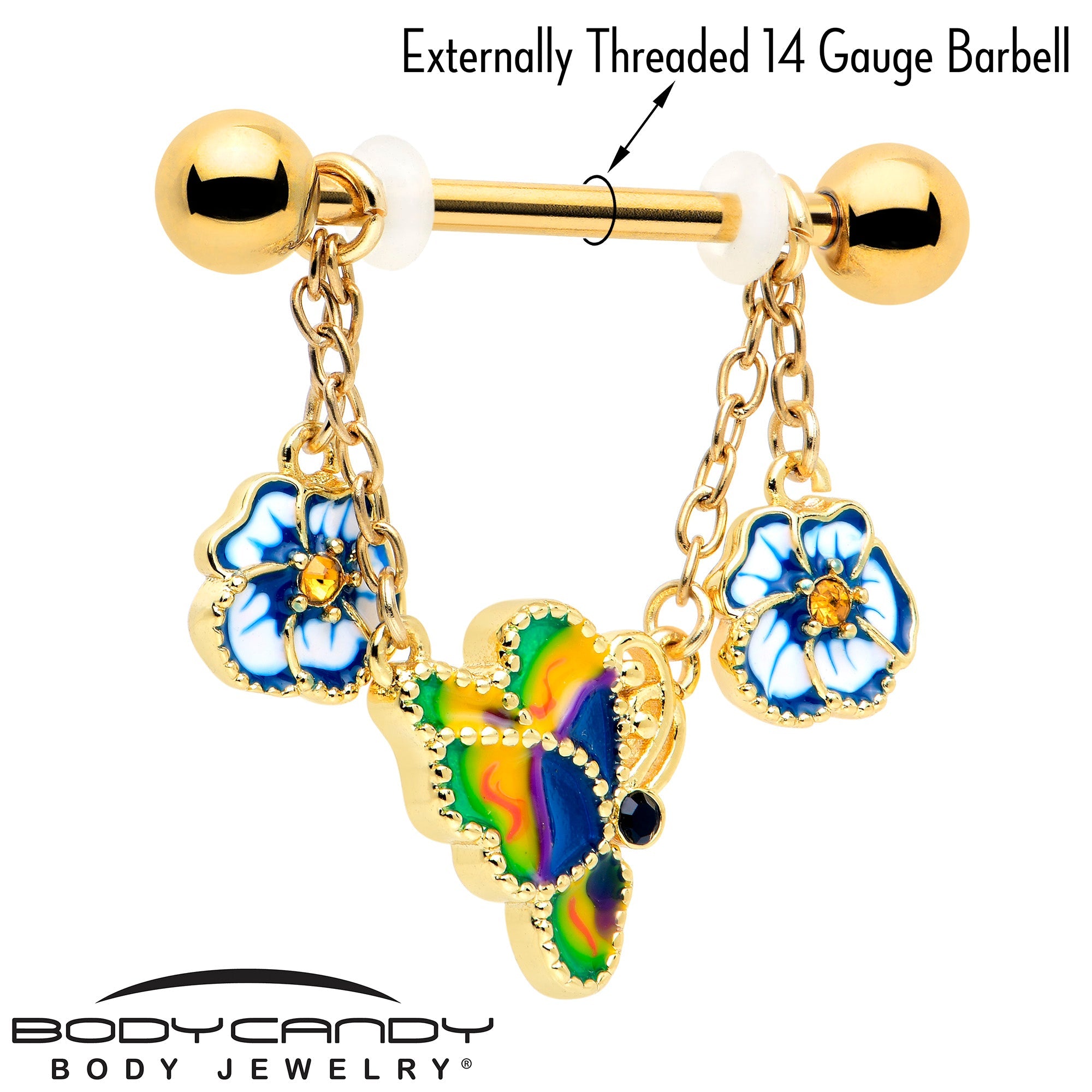 BodyCandy 14G 9/16 Yellow Gem Gold Tone Butterfly Colors Dangle Nipple Ring Set — lifestyle context