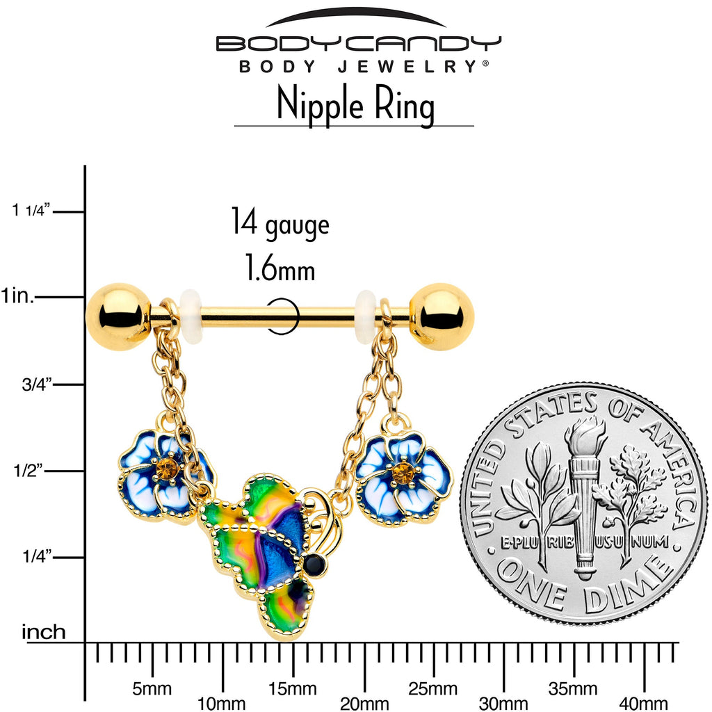 BodyCandy 14G 9/16 Yellow Gem Gold Tone Butterfly Colors Dangle Nipple Ring Set — side view