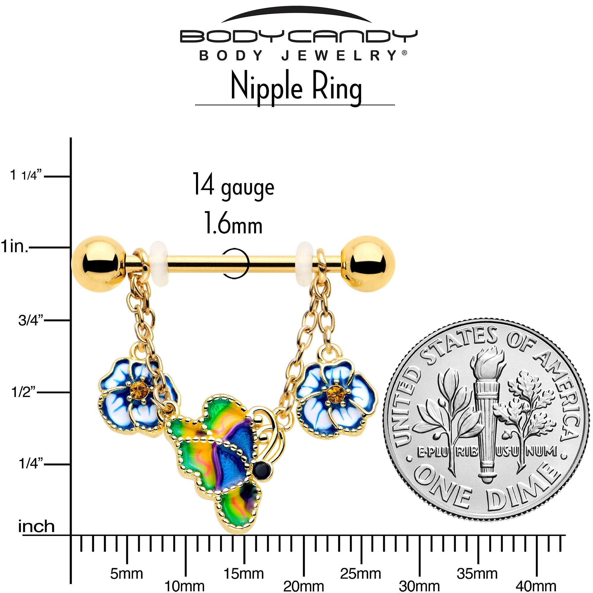 BodyCandy 14G 9/16 Yellow Gem Gold Tone Butterfly Colors Dangle Nipple Ring Set — side view