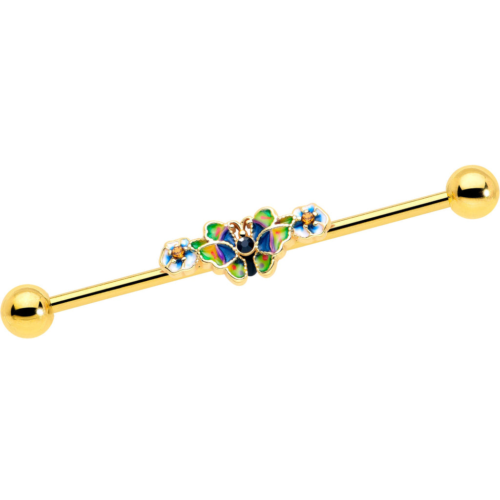 BodyCandy 14G Blue Gem Gold Tone Butterfly Colors Industrial Barbell 38mm — main product shot