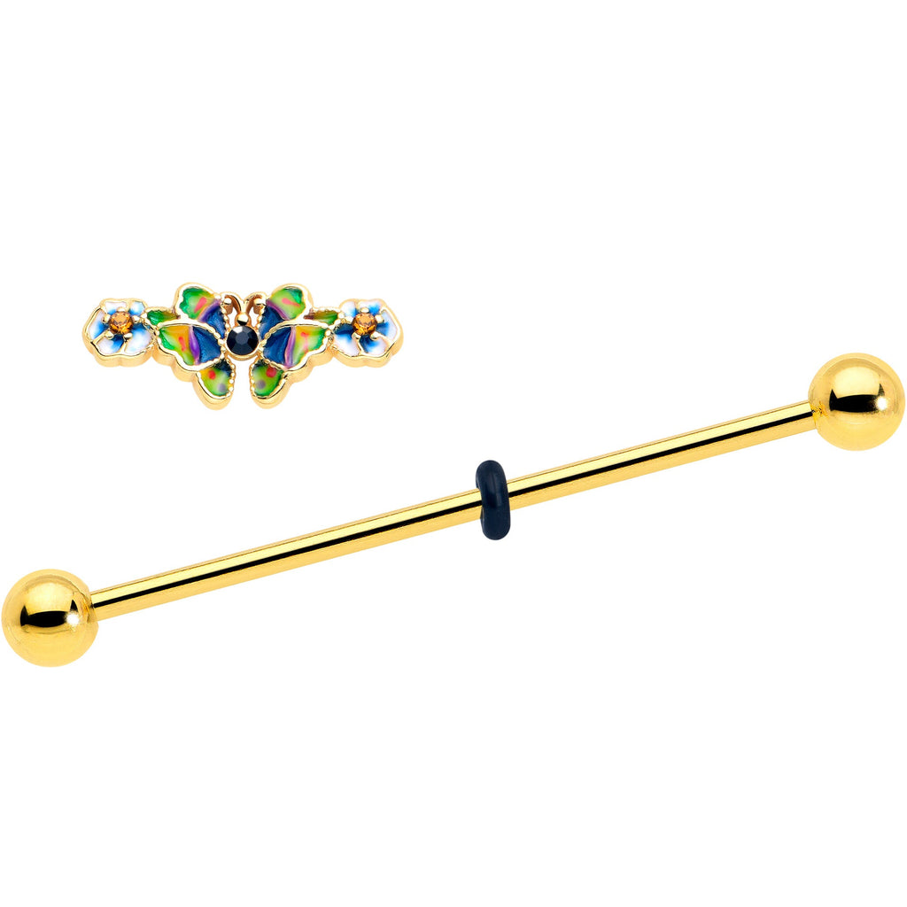 BodyCandy 14G Blue Gem Gold Tone Butterfly Colors Industrial Barbell 38mm — detail close-up