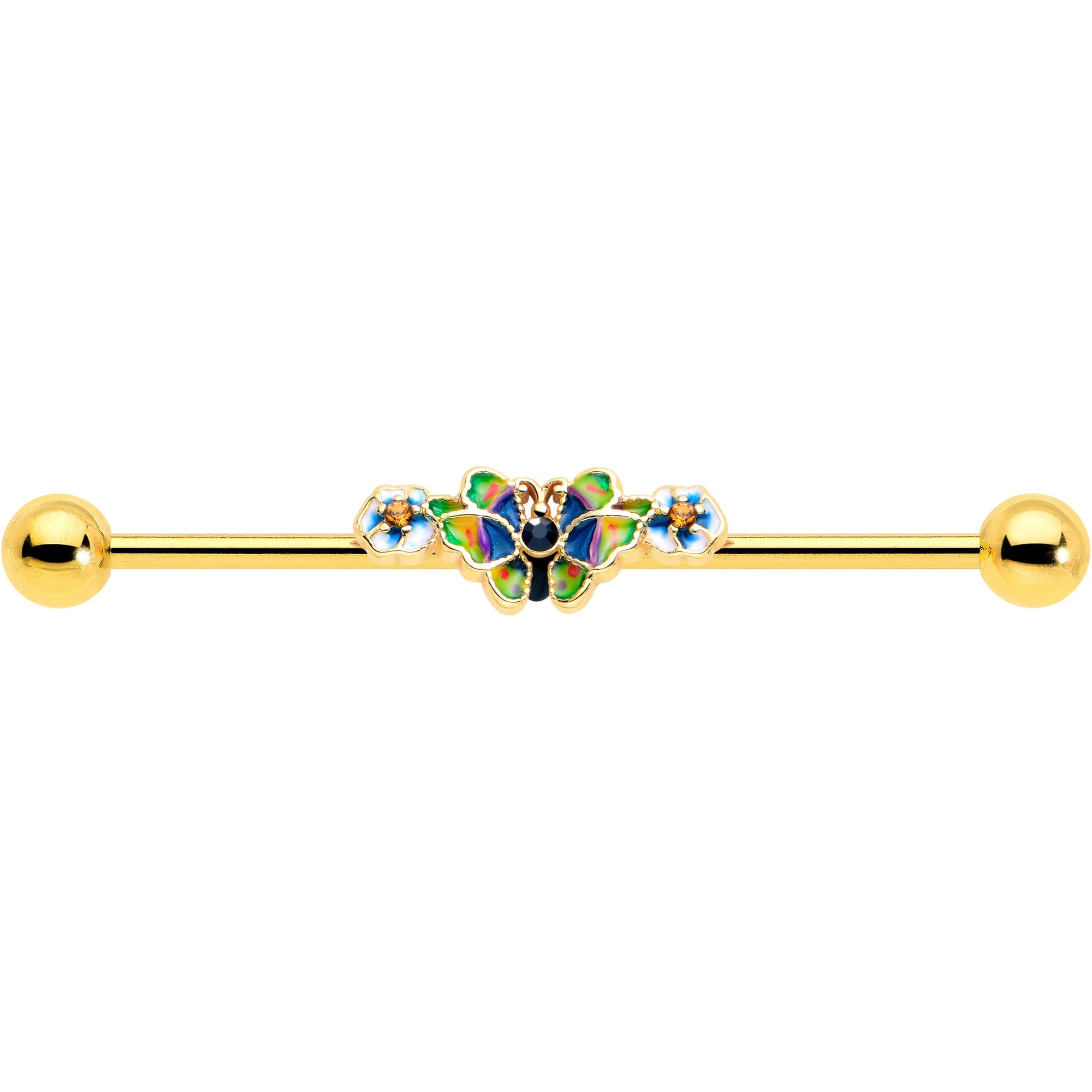 BodyCandy 14G Blue Gem Gold Tone Butterfly Colors Industrial Barbell 38mm — lifestyle context