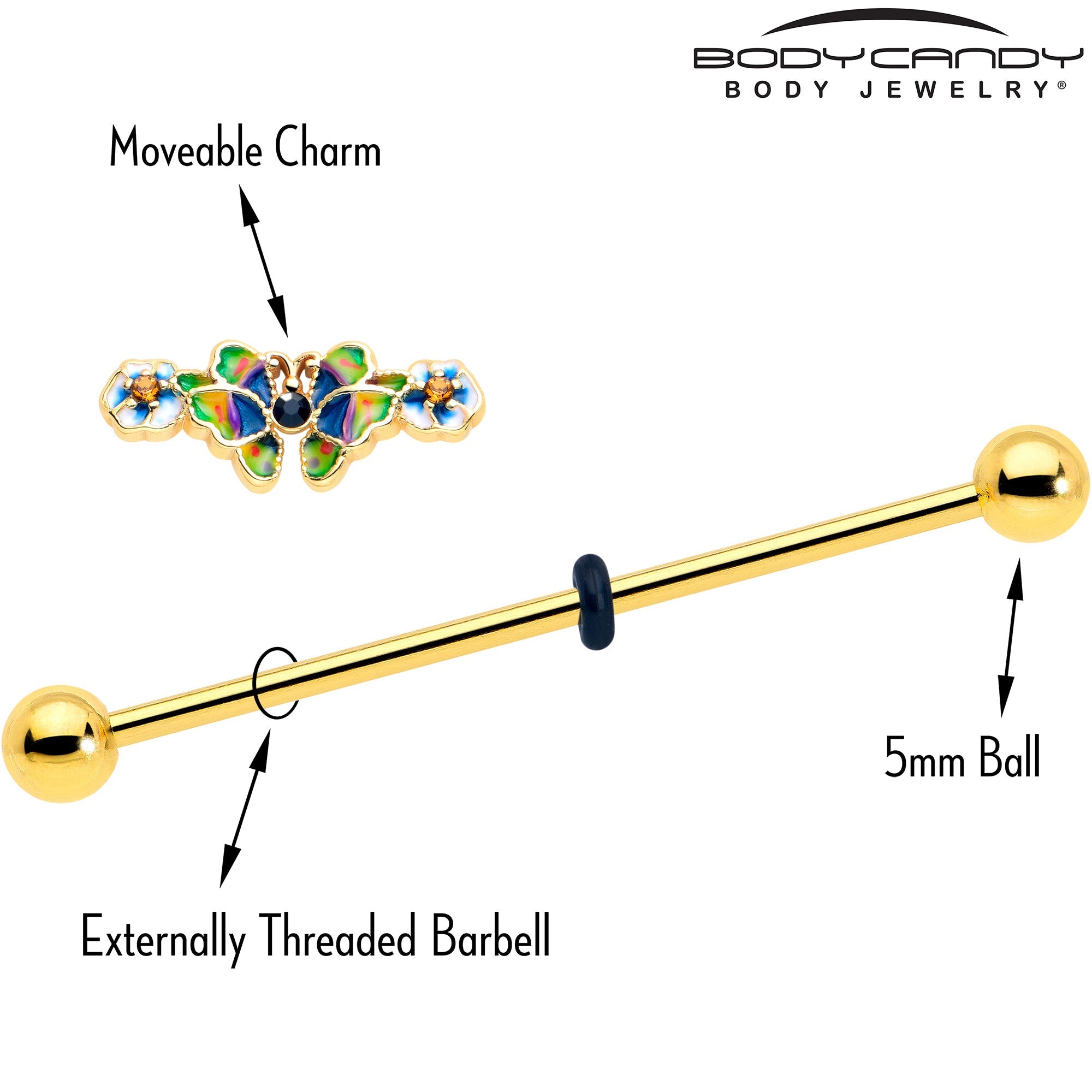BodyCandy 14G Blue Gem Gold Tone Butterfly Colors Industrial Barbell 38mm — side view