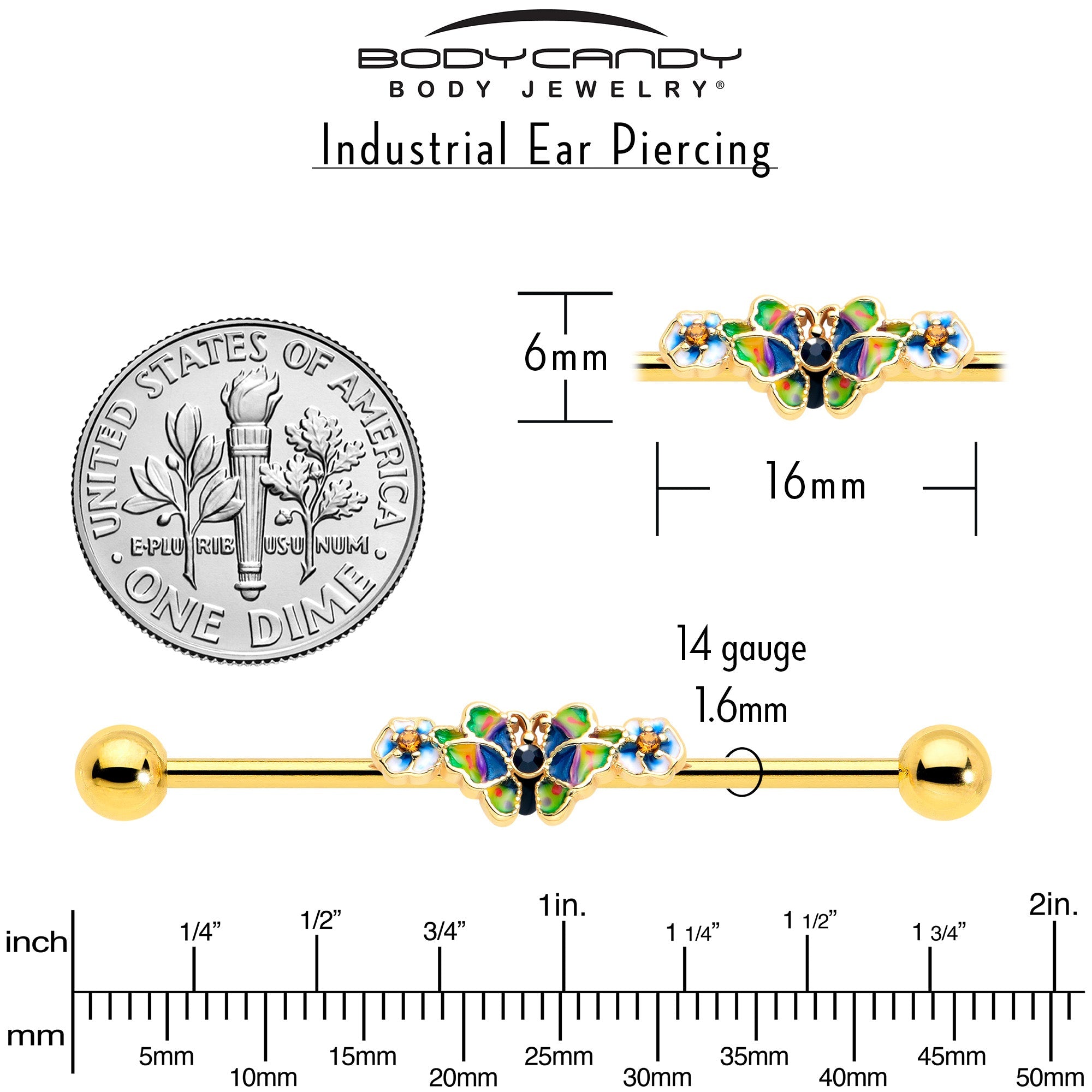 BodyCandy 14G Blue Gem Gold Tone Butterfly Colors Industrial Barbell 38mm — back view