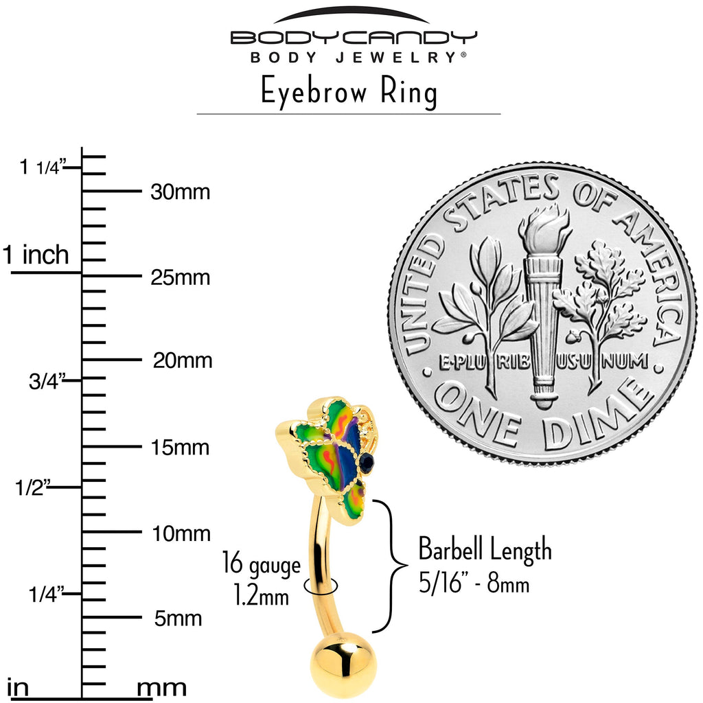 BodyCandy 16G 5/16 Blue Gem Gold Tone Butterfly Colors Curved Eyebrow Ring — side view