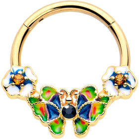 16G 3/8 Blue Gem Gold Tone Butterfly Colors Hinged Segment Ring