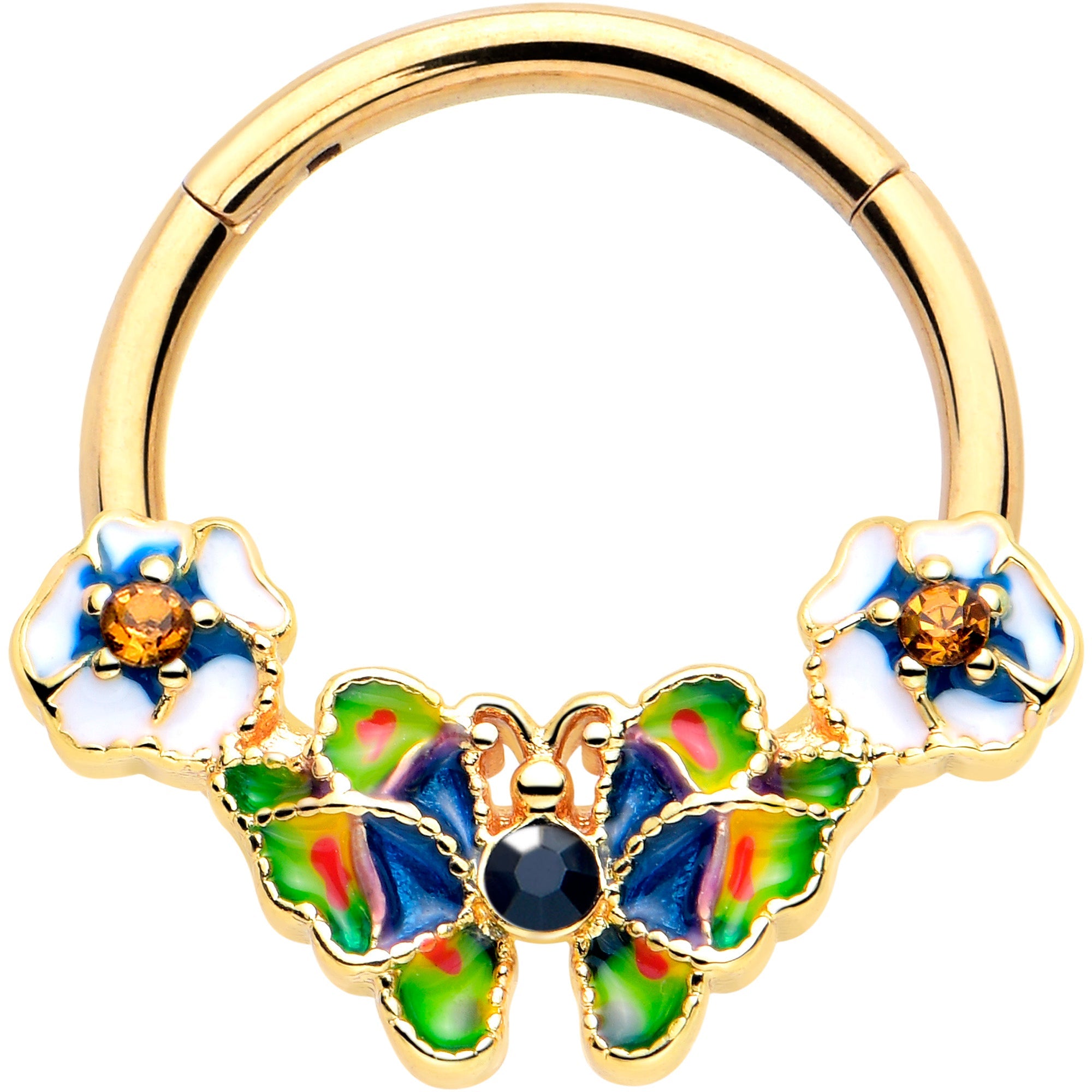BodyCandy 16G 3/8 Blue Gem Gold Tone Butterfly Colors Hinged Segment Ring — main product shot