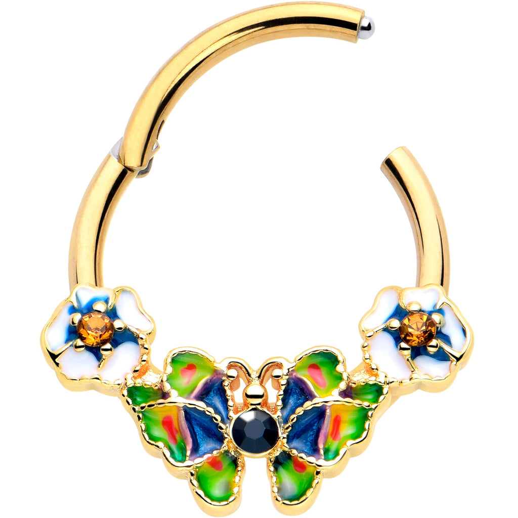 BodyCandy 16G 3/8 Blue Gem Gold Tone Butterfly Colors Hinged Segment Ring — detail close-up