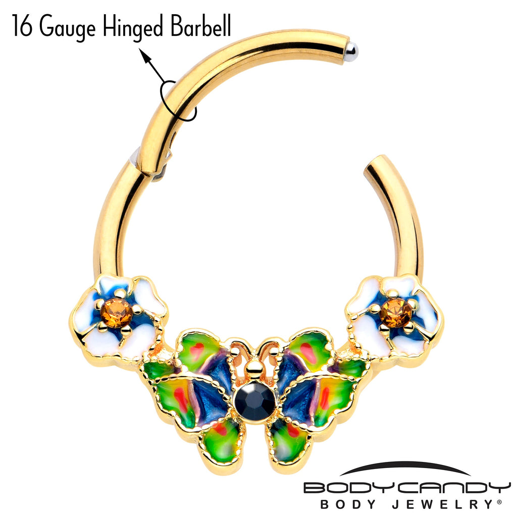 BodyCandy 16G 3/8 Blue Gem Gold Tone Butterfly Colors Hinged Segment Ring — lifestyle context