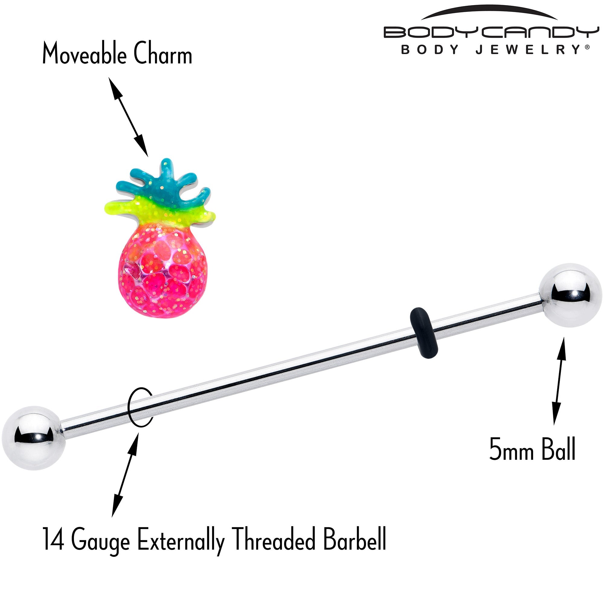 BodyCandy 14G Hot Tropical Pineapple Industrial Barbell 38mm — side view