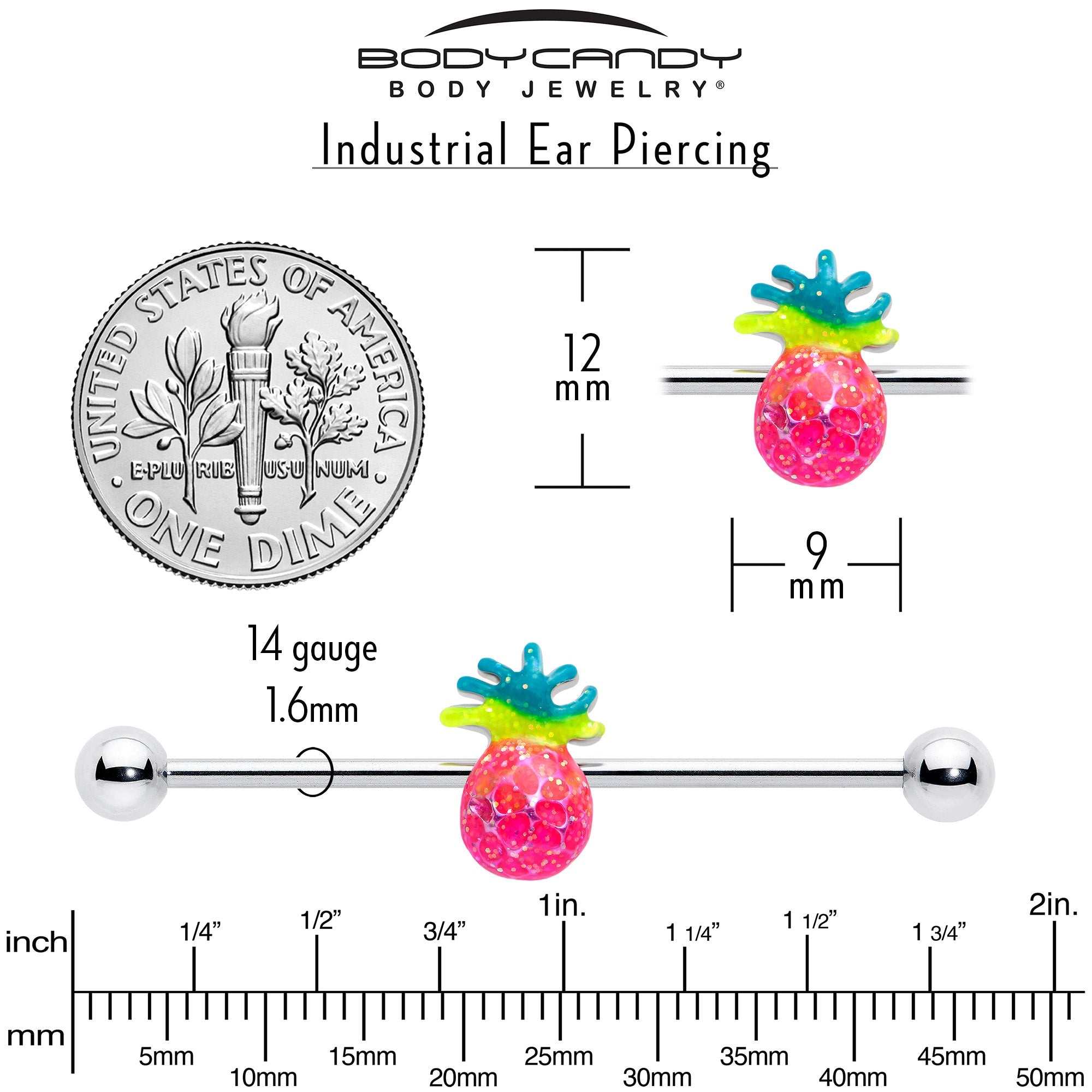 BodyCandy 14G Hot Tropical Pineapple Industrial Barbell 38mm — back view