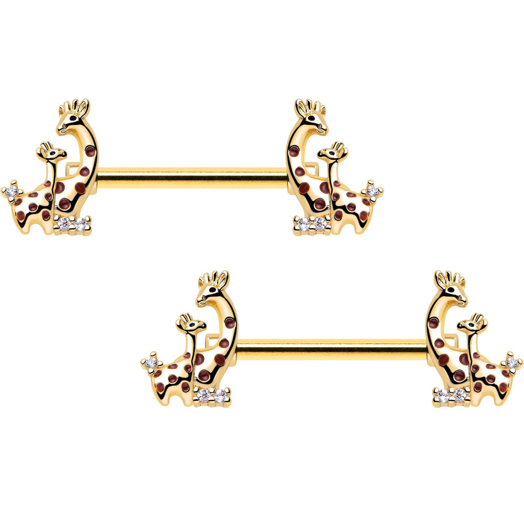 BodyCandy 14G 9/16 Clear CZ Gem Gold Tone Mom Baby Giraffes Nipple Ring Set — main product shot