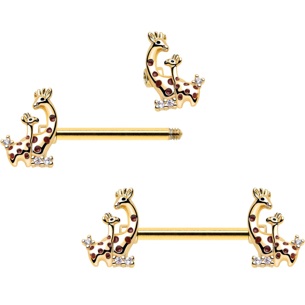 BodyCandy 14G 9/16 Clear CZ Gem Gold Tone Mom Baby Giraffes Nipple Ring Set — detail close-up