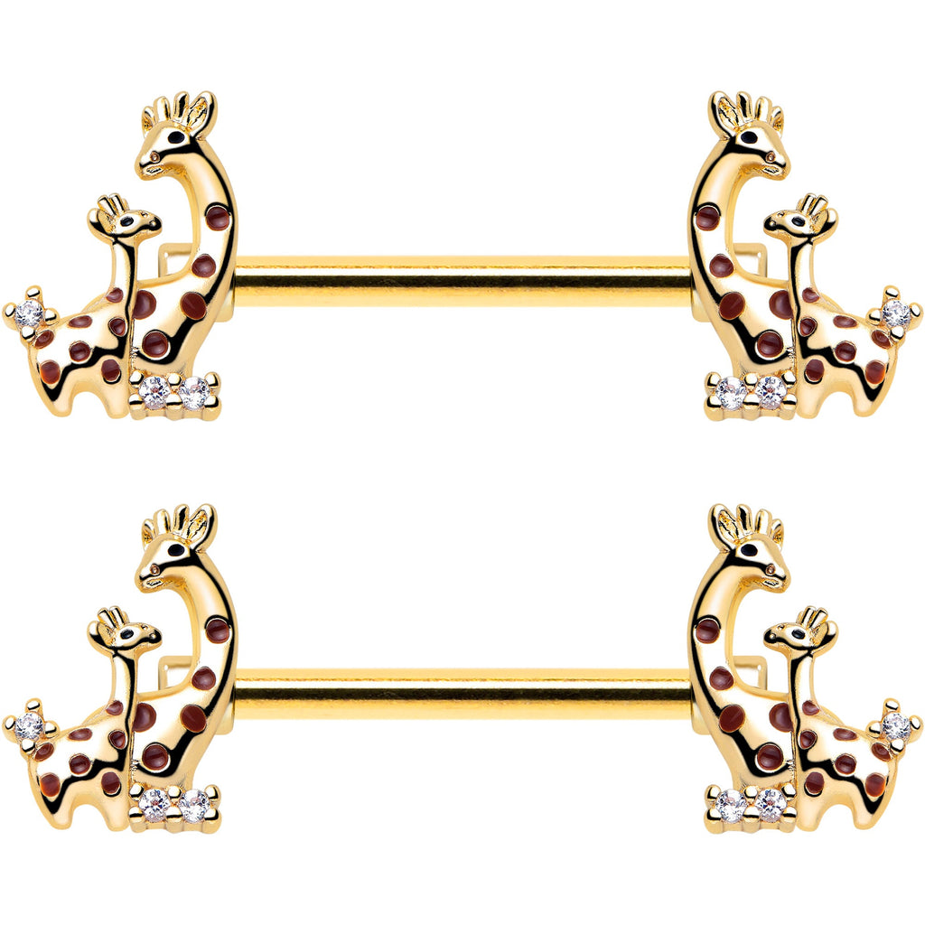BodyCandy 14G 9/16 Clear CZ Gem Gold Tone Mom Baby Giraffes Nipple Ring Set — lifestyle context