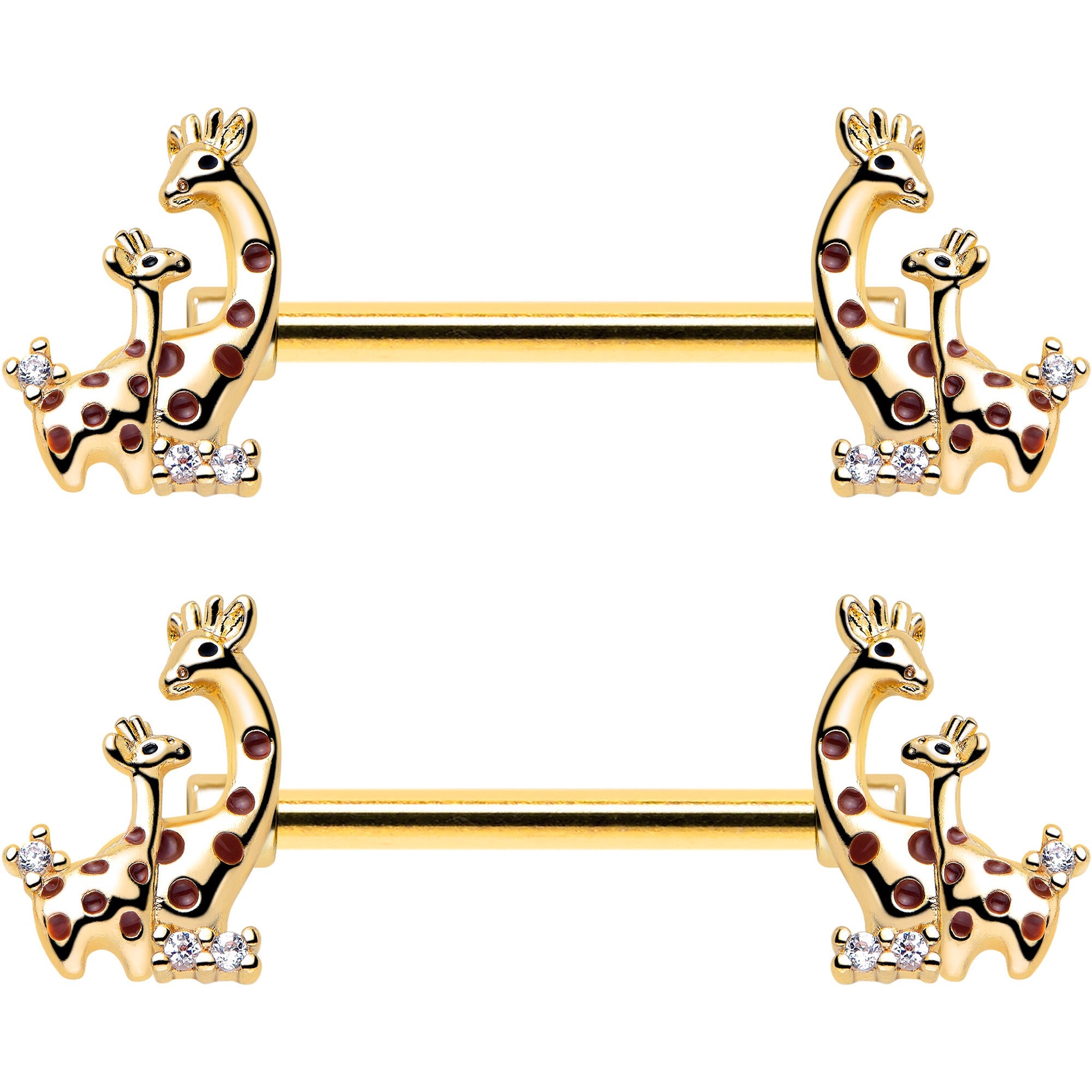 BodyCandy 14G 9/16 Clear CZ Gem Gold Tone Mom Baby Giraffes Nipple Ring Set — lifestyle context