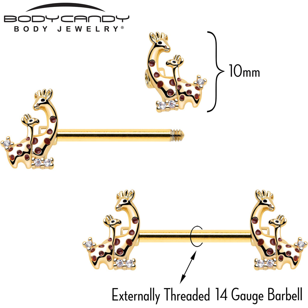 BodyCandy 14G 9/16 Clear CZ Gem Gold Tone Mom Baby Giraffes Nipple Ring Set — side view