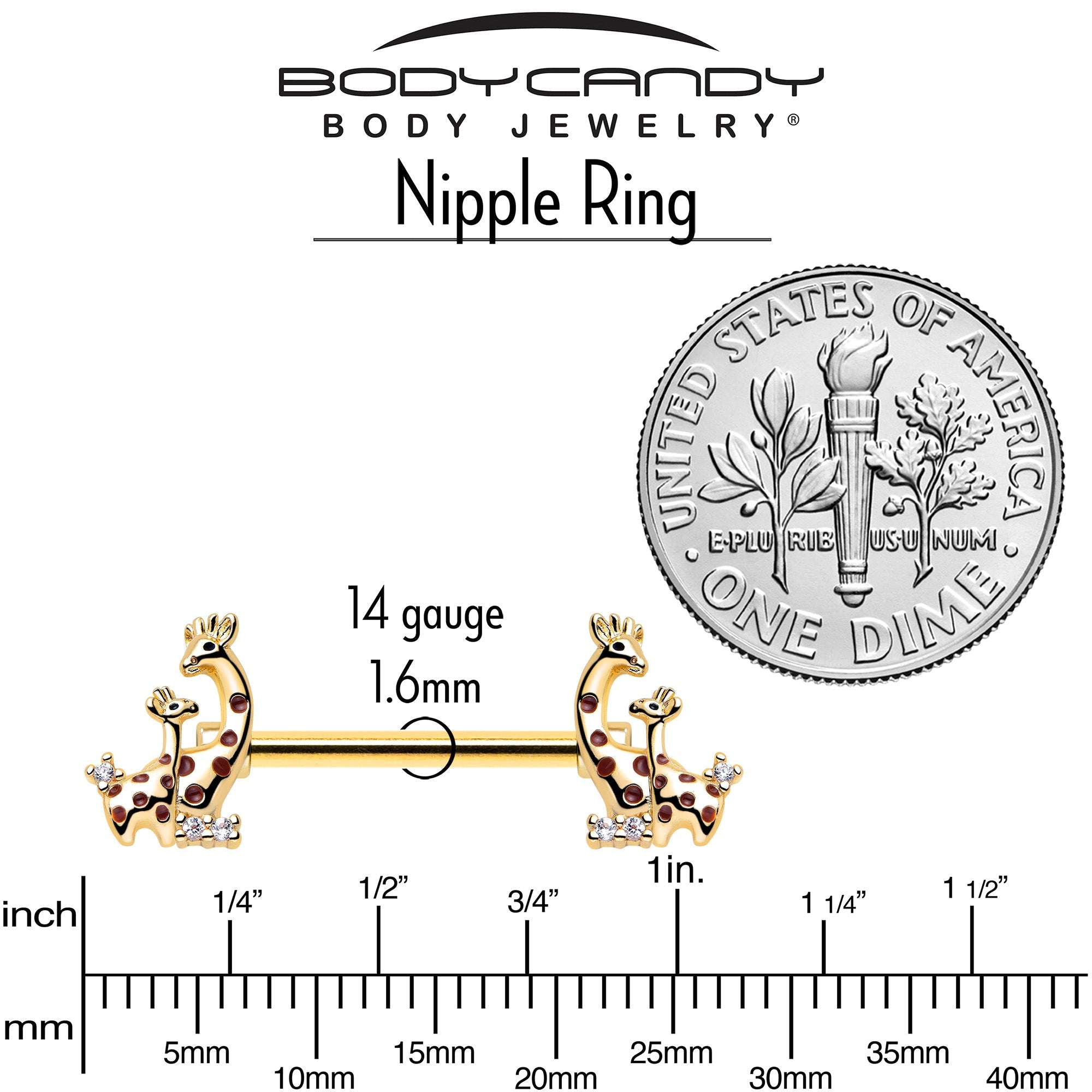 BodyCandy 14G 9/16 Clear CZ Gem Gold Tone Mom Baby Giraffes Nipple Ring Set — back view